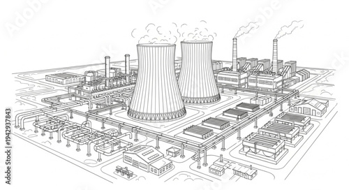 Industrial Cityscape with Factories and Buildings.