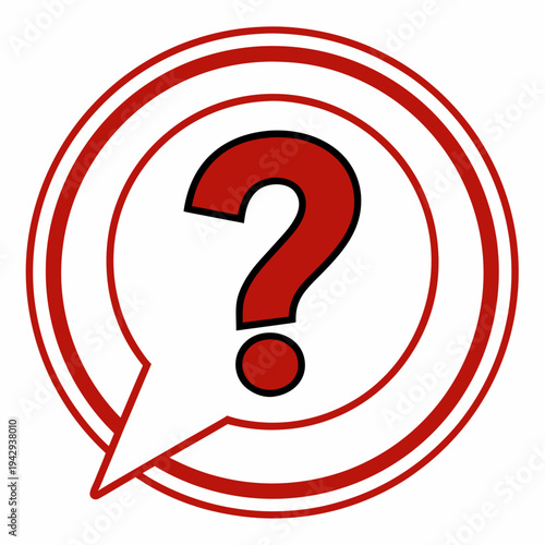 Red question mark inside speech bubble emblem with circular border represents inquiry confusion uncertainty help support and finding answers