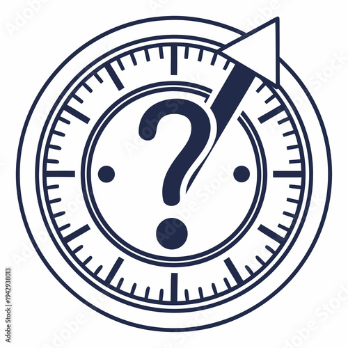 Linear question mark in center of clock icon with compass needle, navigation for uncertain timing, asking about direction or schedule