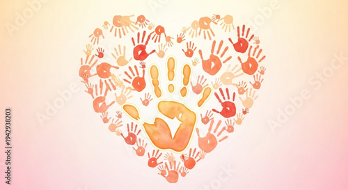 Heart shaped handprints in various colors and sizes on a gradient background symbolizing love and unity
