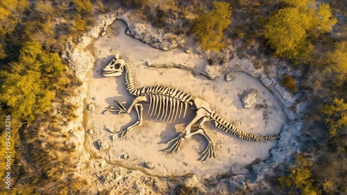 A large skeletal dinosaur structure appears in a natural setting filled with sand, rocks, and trees under clear skies during the day