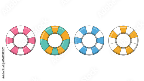 A colorful arrangement of four inflatable life preservers is displayed against a plain white background showcasing vibrant designs high quality professional detailed modern elegant stylish clean