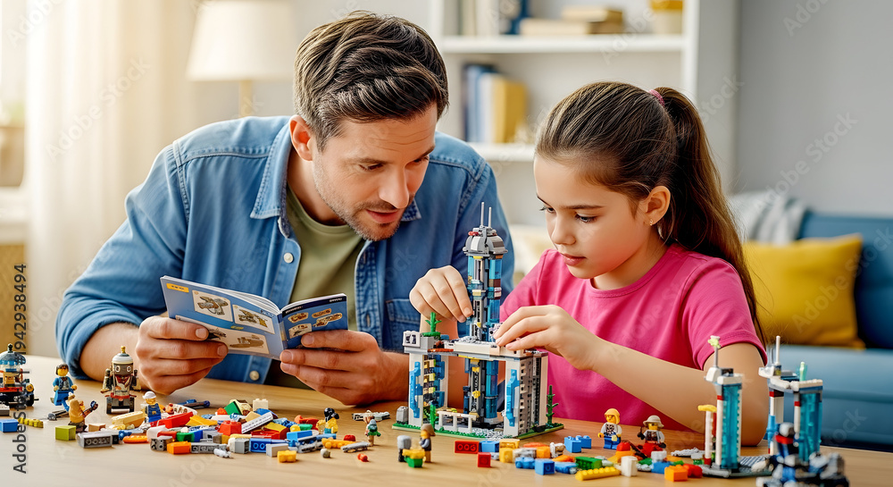 Fototapeta premium Father and daughter building a castle together at a wooden table