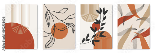 Abstract botanical wall art vector set with black leaf line art and terracotta beige geometric shapes. Modern minimalist boho design for poster, print, home decor and gallery wall.