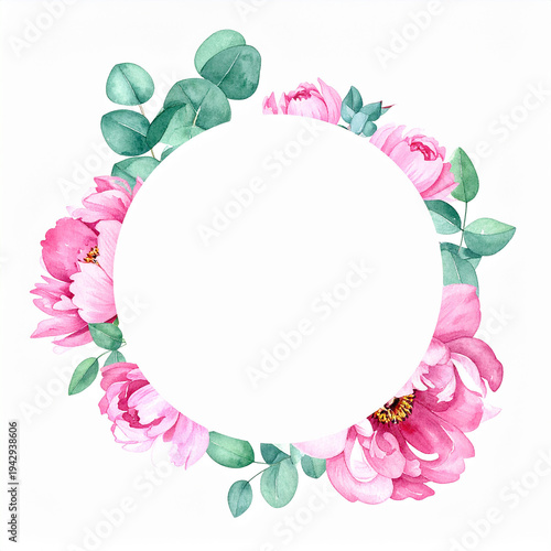 Hand-painted watercolor floral frame with pink flowers and eucalyptus leaves, delicate circular border on white background