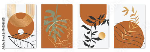 Abstract botanical wall art vector set with black leaf line art and terracotta beige geometric shapes. Modern minimalist boho design for poster, print, home decor and gallery wall.