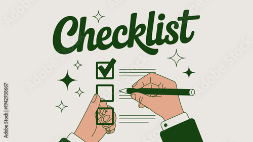 An illustrated image displays the word checklist with a hand checking a box with a pencil high quality professional detailed modern elegant stylish clean crisp vibrant