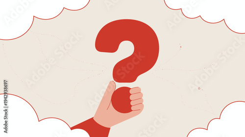 A stylized illustration depicts a hand holding a large red question mark within a speech bubble symbolizing inquiry high quality professional detailed modern elegant stylish clean