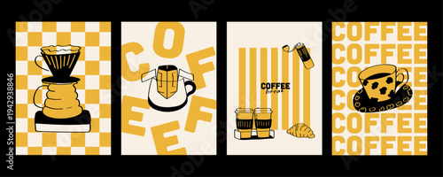 Retro coffee shop poster collection with dripper, latte, croissant and bold typography in warm yellow palette. Modern flat vector cafe wall art inspired by barista culture and breakfast bakery aesthet