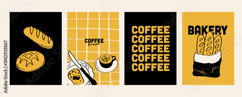 Bakery and coffee poster set featuring bread, baguette, latte and pastry illustrations with bold typography. Modern cafe vector prints for bakery shop decor and breakfast menu design.