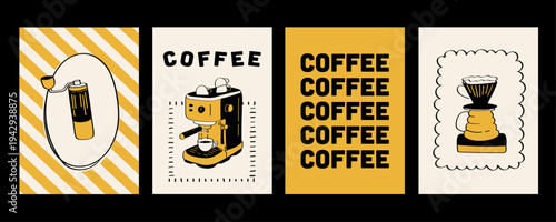 Contemporary coffee poster collection with espresso machine, dripper and bold typography. Warm yellow cafe vector illustrations perfect for coffee shop interiors and modern kitchen wall art.