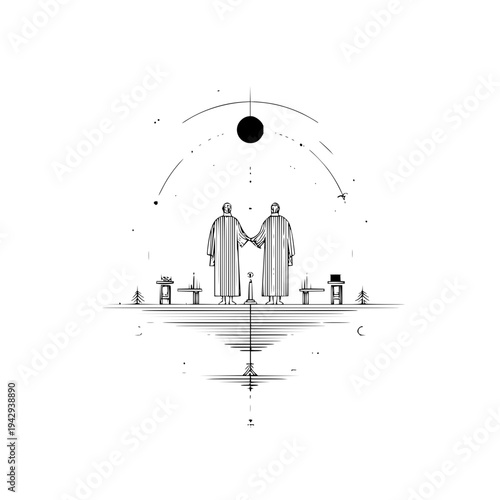 Two figures in robes shaking hands under celestial body with lines and dots standing on water with buildings and trees in background conveying partnership and harmony