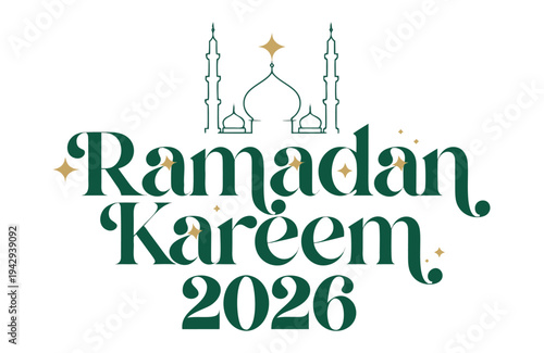 Ramadan Kareem 2026 Islamic greeting with elegant Arabic calligraphy and mosque silhouette, adorned with subtle gold sparkles, perfect for celebratory cards and social media posts.