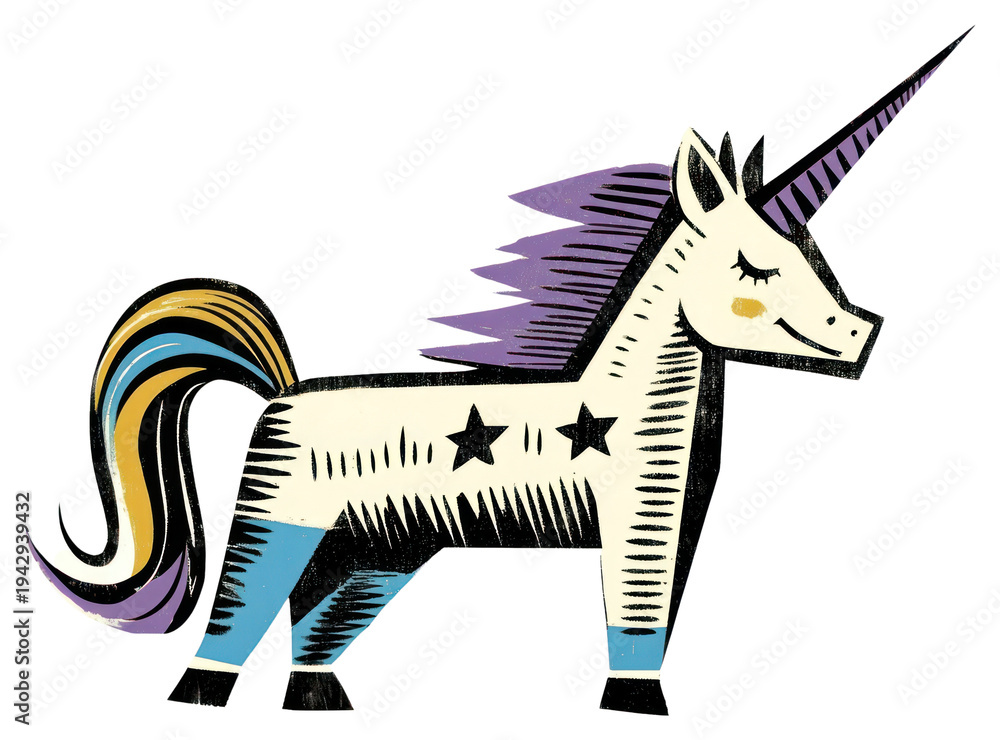 Obraz premium PNG Linocut full body unicorn illustration animal art.