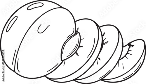 Whole and Sliced Peach with Pit Line Art Isolated on White