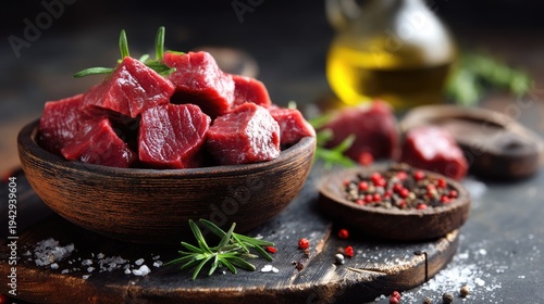 Fresh Raw Beef Cubes with Spices and Olive Oil on a Rustic Wooden Table for Culinary and Food Preparation Concepts