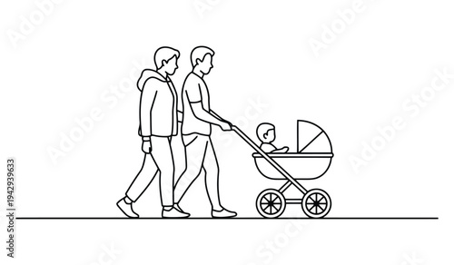Two people walking with a baby in a stroller on a sidewalk. vector illustration
