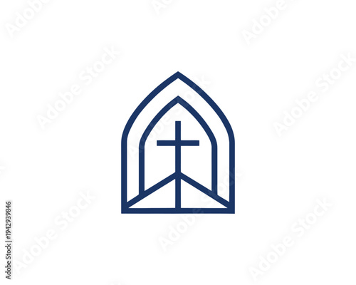 Abstract Church Logo with Cross and Arch Window Minimalist Line Art Symbolic Religious Design