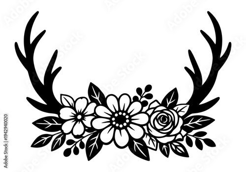 Elegant Deer Antlers Decorated With A Beautiful Bouquet Of Wildflowers And Roses, Rustic Floral Animal Silhouette Design