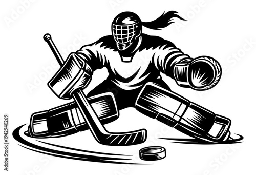 Female Ice Hockey Goalie Making An Athletic Save, Dynamic Girl Player In Full Equipment With Stick And Pucks, Professional Sports Vector Art