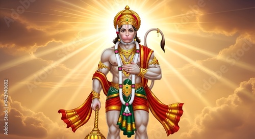 Powerful Lord Hanuman Ji Photo HD 4K with Golden Gada, Muscular Divine Form, Radiant Crown for Hanuman Jayanti Janmotsav Hanuman Ji Wallpaper Background