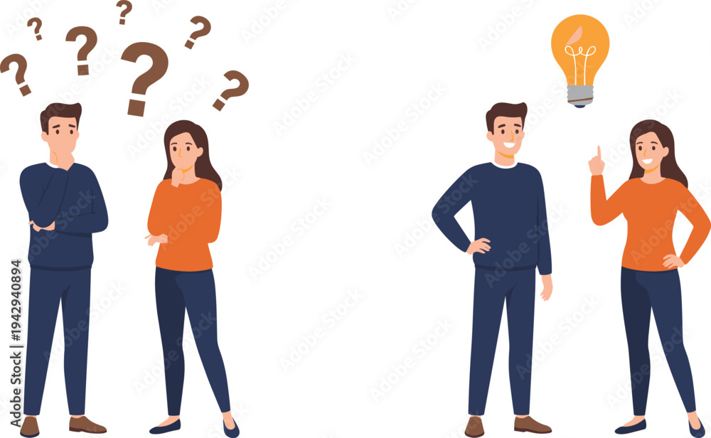 Fototapeta premium Cartoon characters with question marks and light bulb showing confusion to solution in problem‑solving design