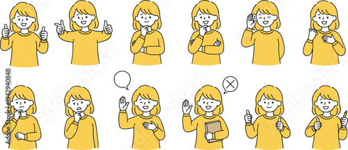 Cartoon character with yellow hair and shirt showing various gestures and emotions including thinking, listening, waving, and pointing