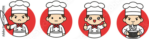 Cartoon chefs in white hats showing various emotions and cooking poses including angry, neutral, happy, and confident illustration