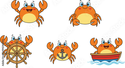Cartoon crabs with cheerful expressions holding ship wheel, anchor, and boat illustration