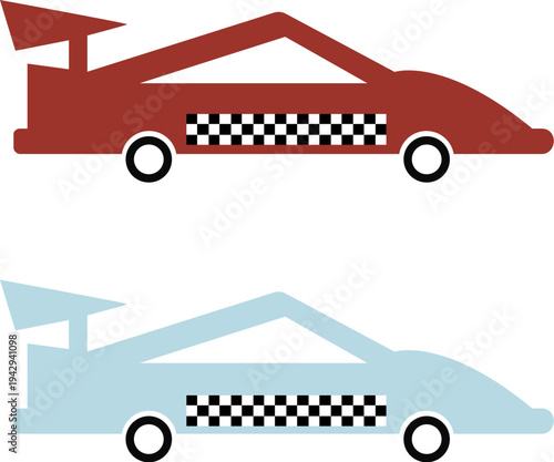Red and blue racing cars with checkered finish line flag flat vector illustration