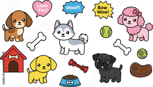 Cartoon dogs with bones, balls, doghouse, food bowl, chew toy, steak, and playful speech bubbles design