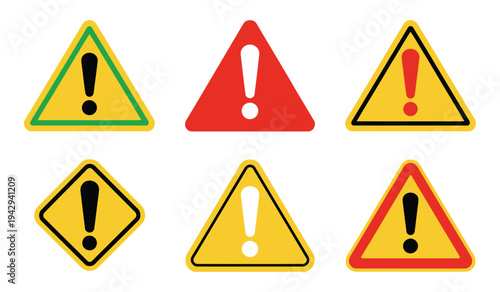 Assorted warning signs displayed in various shapes and colors. vector illustration
