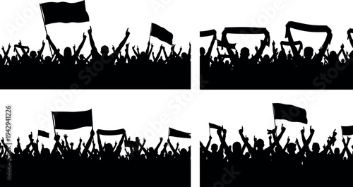 Vector silhouette collection of cheering crowds featuring fans with flags and scarves for sports stadium events concert festivals and public demonstration graphic design projects.