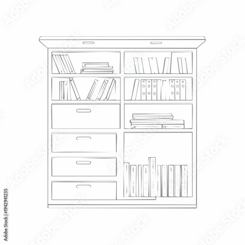 Illustration of a wooden bookshelf filled with books and drawers, a study or library item