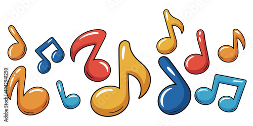 Assorted cartoon musical notes in various colors arranged horizontally on a white background Keywords: music, notes, musical