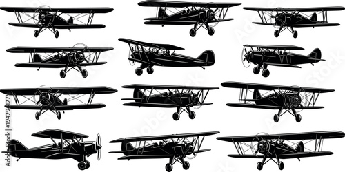 Vector silhouette collection of vintage biplanes featuring classic propeller aircraft in various flight angles for aviation history and retro airline graphic design projects.