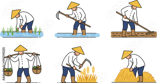 Cartoon farmer working in rice field, harvesting crops, and performing traditional agricultural tasks in rural design