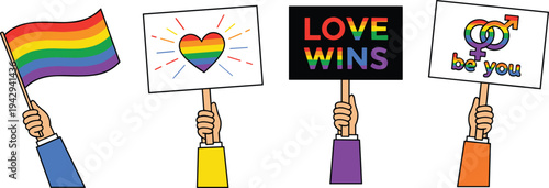 Cartoon LGBTQ+ pride hands holding rainbow flag and signs with love, equality, and acceptance messages