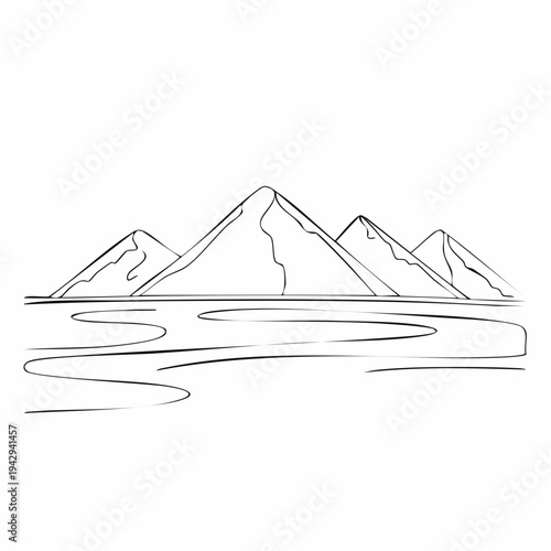 Stylized black and white line art depicting a majestic mountain range across calm waters, a versatile graphic concept for natural beauty