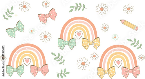 Cartoon rainbows with hearts, bows, daisies, sparkles, and pencil in playful decorative stationery design