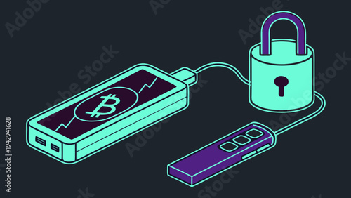 A vector graphic illustration of a secure Bitcoin wallet with a USB drive and padlock