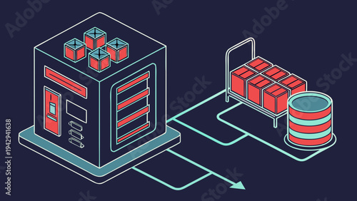 A vector graphic illustration of a server and data storage system in a modern, minimalist design style