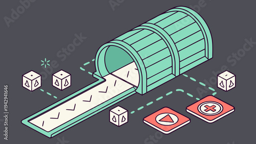 A vector graphic illustration of a teal mailbox with dice and symbols flowing out of it