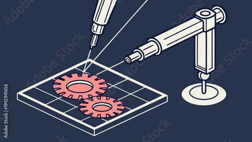 A robotic arm is working on a grid with gears in a manufacturing process