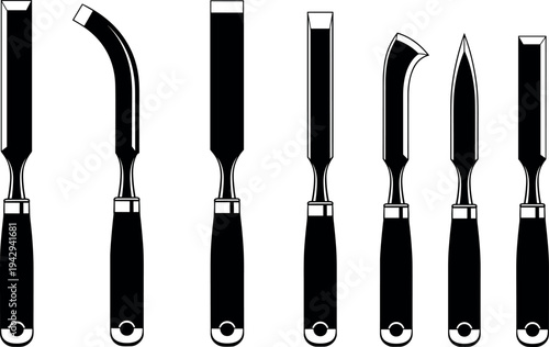 Wood carving chisels set with different blade shapes professional woodworking hand tools for sculpting carving and carpentry isolated black vector illustration
