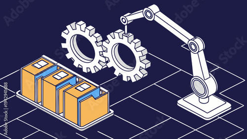 A robotic arm assembling gears next to a pallet of boxes in a factory setting with a dark blue background