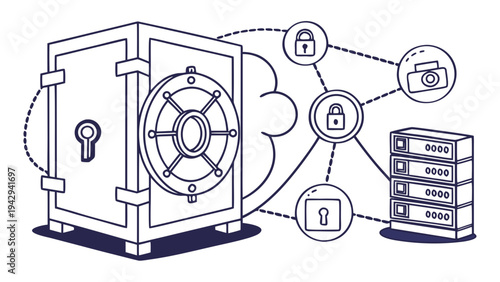 A vector graphic illustration of a safe and server with secure connections and padlocks