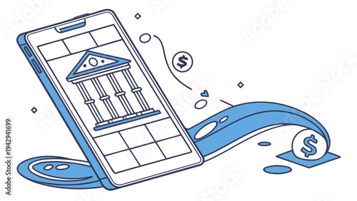 A vector graphic illustration of a smartphone with a bank building on its screen, surrounded by a flowing blue wave and dollar signs, representing mobile banking and financial technology.