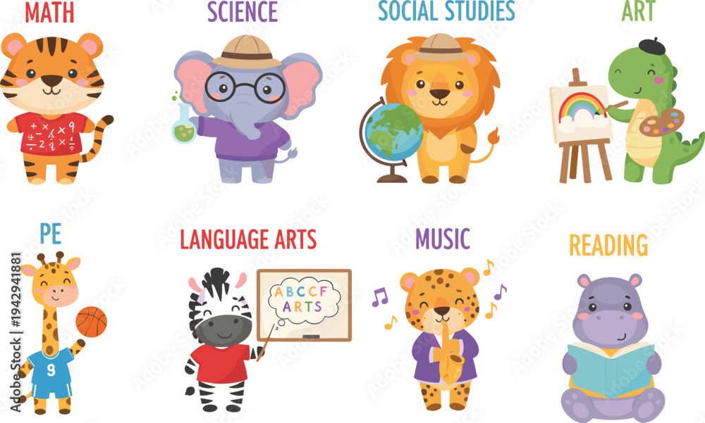 Obraz premium Colorful cartoon animals representing school subjects including math, science, art, music, reading, and physical education