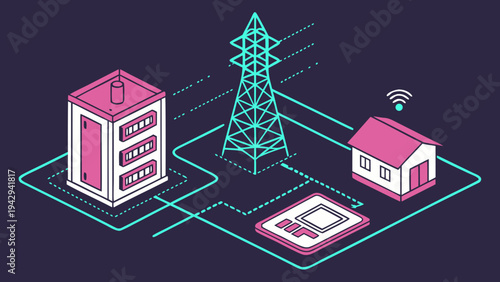 A vector graphic illustration of a communication network with a cell tower, house, and mobile device connected by lines.